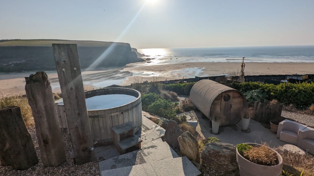 View over Watergate bay from the outdoor spa at the Scarlet Hotel